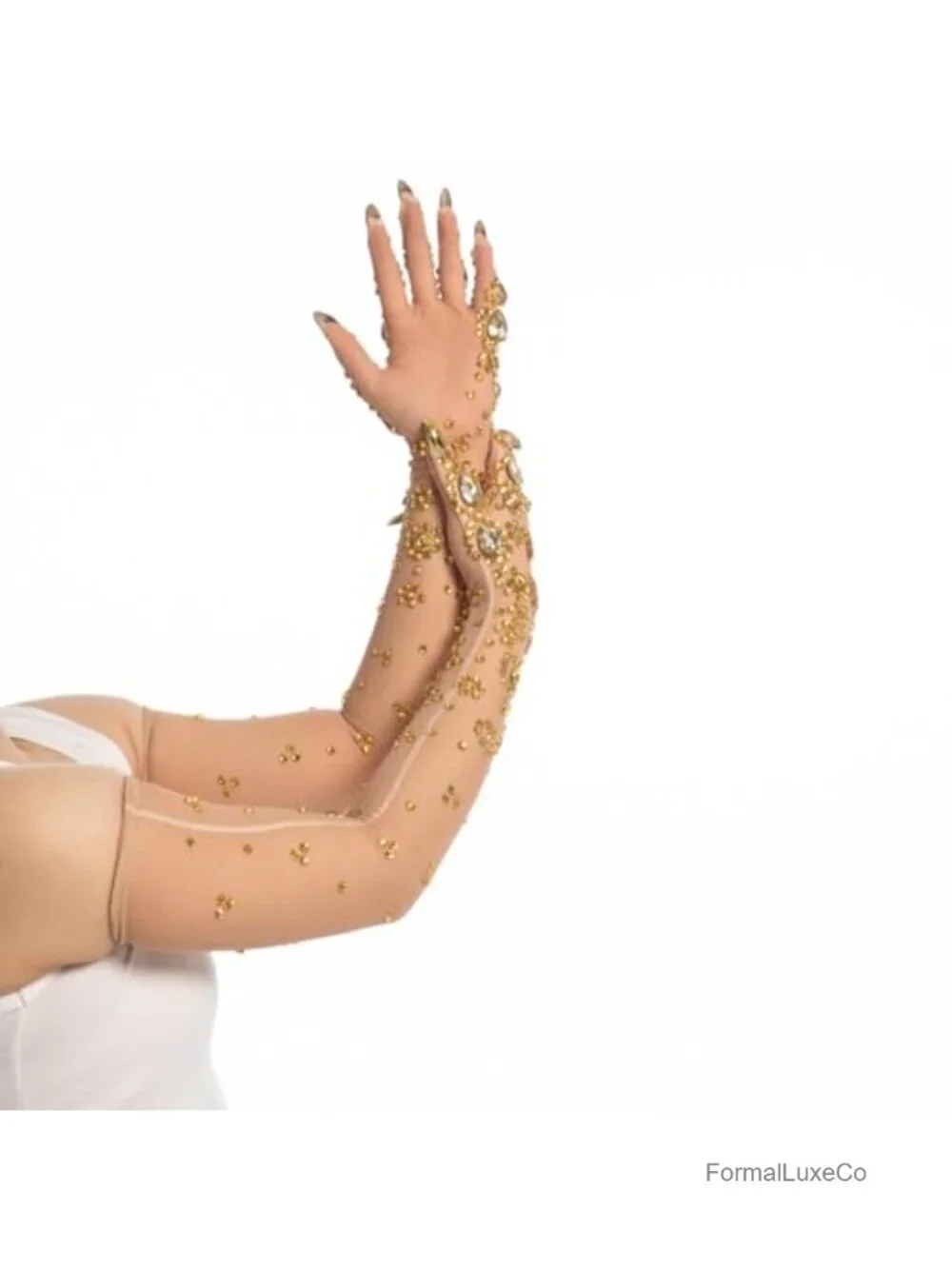Rhinestone Gloves with Gold Crystal Embellished Nude Mesh Built-in Nail Tips